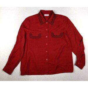 LAUREN LEE - WOMEN'S RED EMBROIDERED LONG SLEEVE BUTTON-UP TOP - SIZE L
